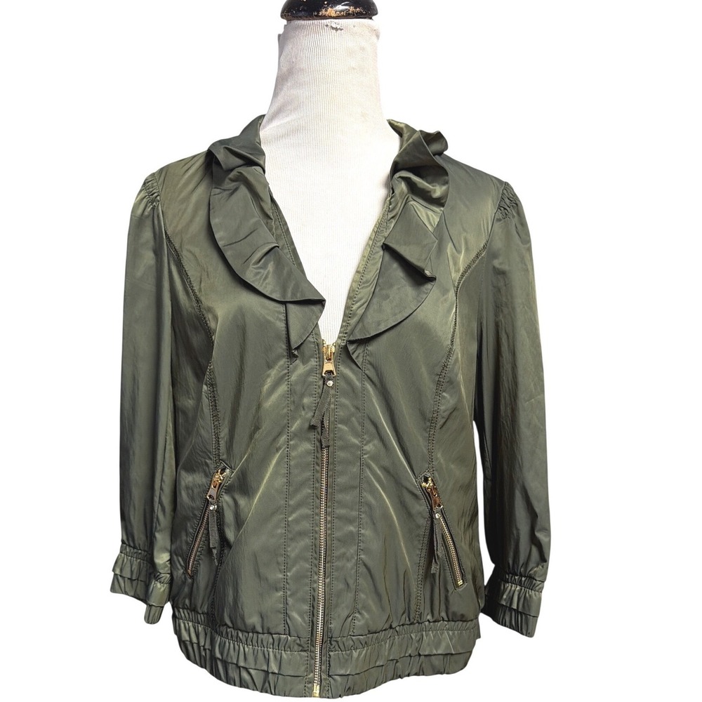 White House Black Market Olive Green Ruffle Zip Utility Jacket Size 12 Womens